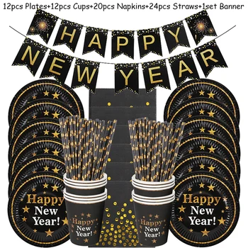 

69pcs happy new year 2021 paper banner cups plates black gold 2021 new year party supplies Christmas decor new year Eve decor
