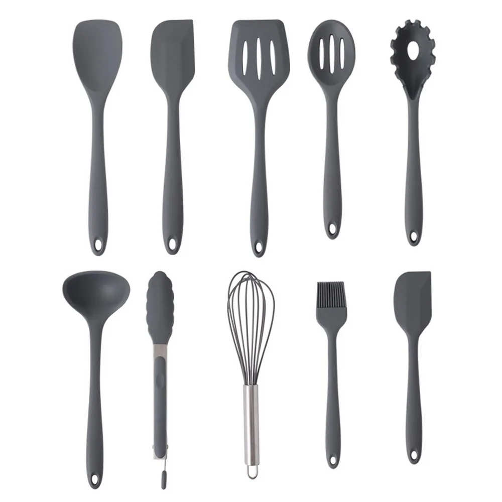 

Silicone Cookware 10-Piece Kitchen Utensil Set Non-Stick Spatula Wooden Handle With Storage Box Gray