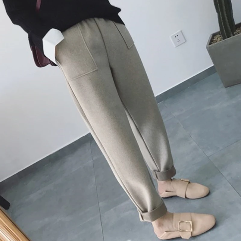 BGTEEVER Autumn Winter Thicken Pants Women Elastic Waist Pockets Woolen Female Pencil Pant Elegant Warm Trousers femme - Color: oatmeal