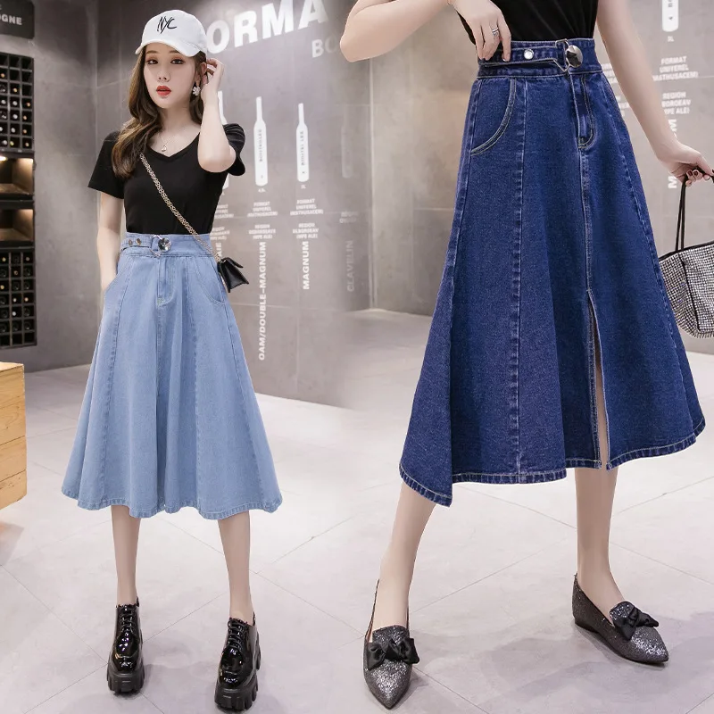 

2019 Spring And Autumn New Style Retro Full Skirt High-waisted WOMEN'S Skirt over-the-Knee Large Size Mid-length A- line Skirt W