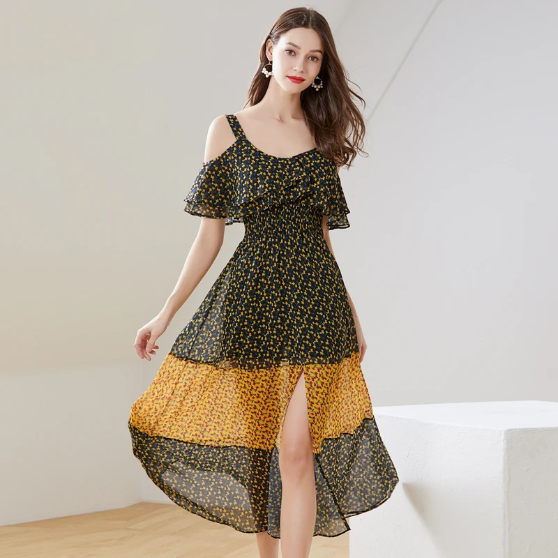 Europese station zomer jurk vrouwen 2019 nieuwe kleur uitgesneden uit een woord kraag print lotusblad-side sling -stijl jurk Europese station zomer jurk vrouwen 2019 nieuwe kleur uitgesneden uit een woord kraag print lotusblad-side sling -stijl jurk