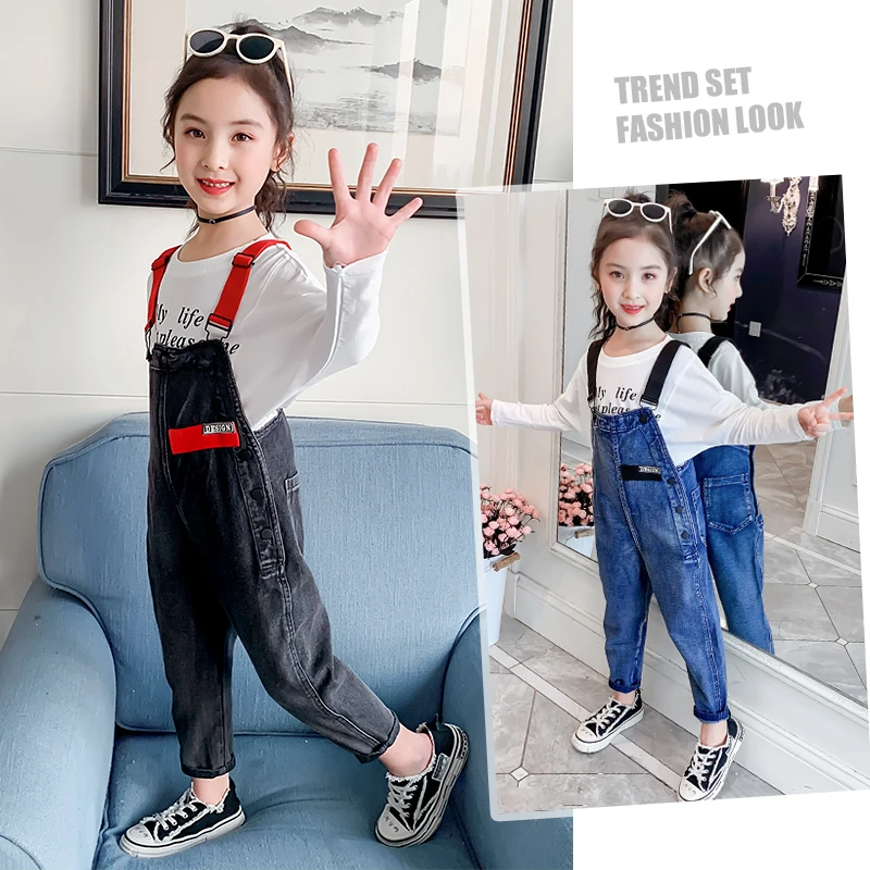 

2020 New Spring Kids Overalls 3-13 yeasrs old Solid Button Fly Grils Loose Pants Fashion Wild Cjildren's Denim overalls