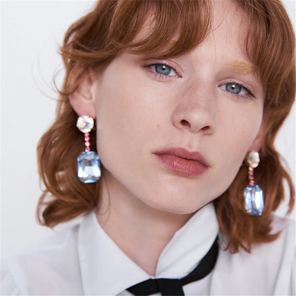 

MAA-OE Boho Fashion Geometric Rectangle Blue Crystal Earrings For Women Vintage Metal Frame Dangle Earring Jewelry Party Gift