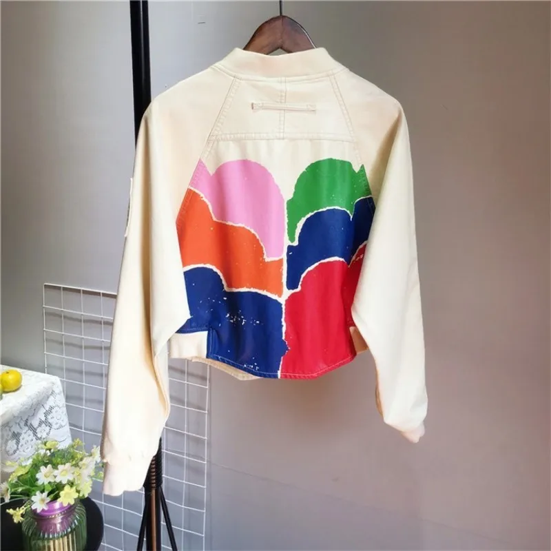 

Fashion Printed Batwing Sleeve Pu Leather Jacket Female Streetwear Loose Long Sleeve Biker Short Jacket Autumn Hip Hop Outerwear