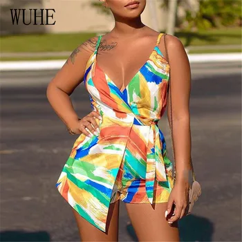 

WUHE Women Deep V Neck Backless Short Playsuit Spaghetti Strap Sexy One Piece Overalls Casual Print Sleeveless Beach Jumpsuit