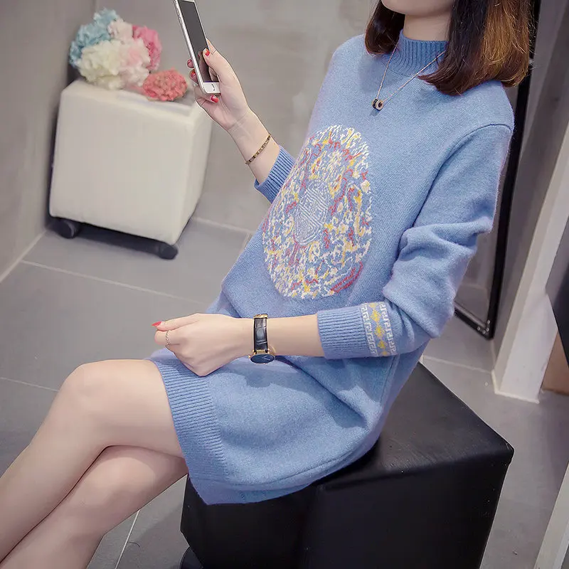 

Large Size Dress Loose-Fit Padded Pullover Sweater Mid-length Knit Low Waist Jersey