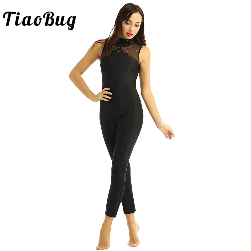 

Women Shiny Rhinestones Sleeveless Mock Neck Ballet Gymnastics Leotard Jumpsuit Figure Skating Wear Gym Unitards Dance Costume