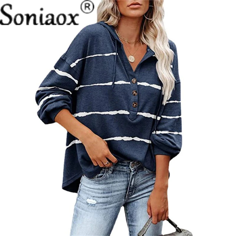 2021 New Tops Button Drawstring Hooded Long Sleeve Women Sweatshirt Loose Casual Horizontal Stripes Ladies Hoodies