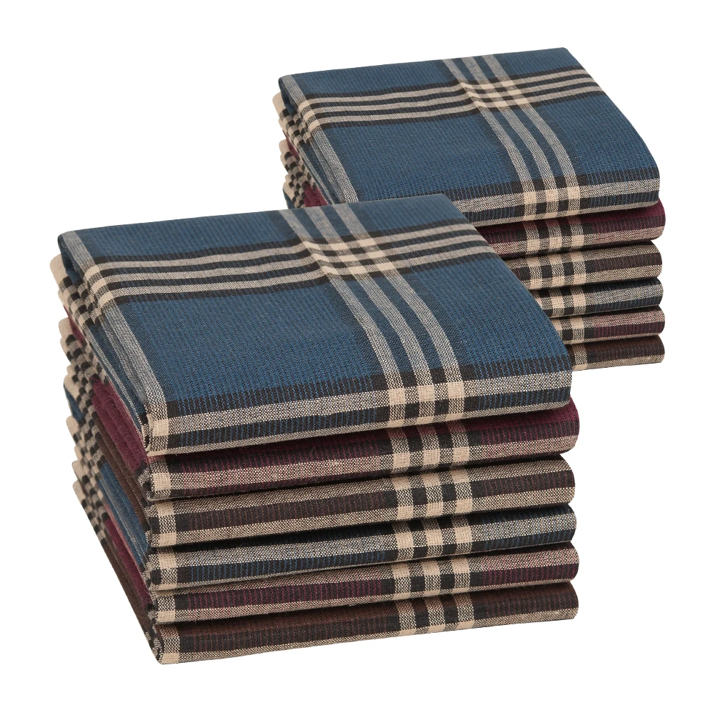 6/12PCs Men's Handkerchief Cotton Square Woven Mixed Tri-Color Classic Vintage Business Checked Dark Multicolor Gentleman Pocket 1