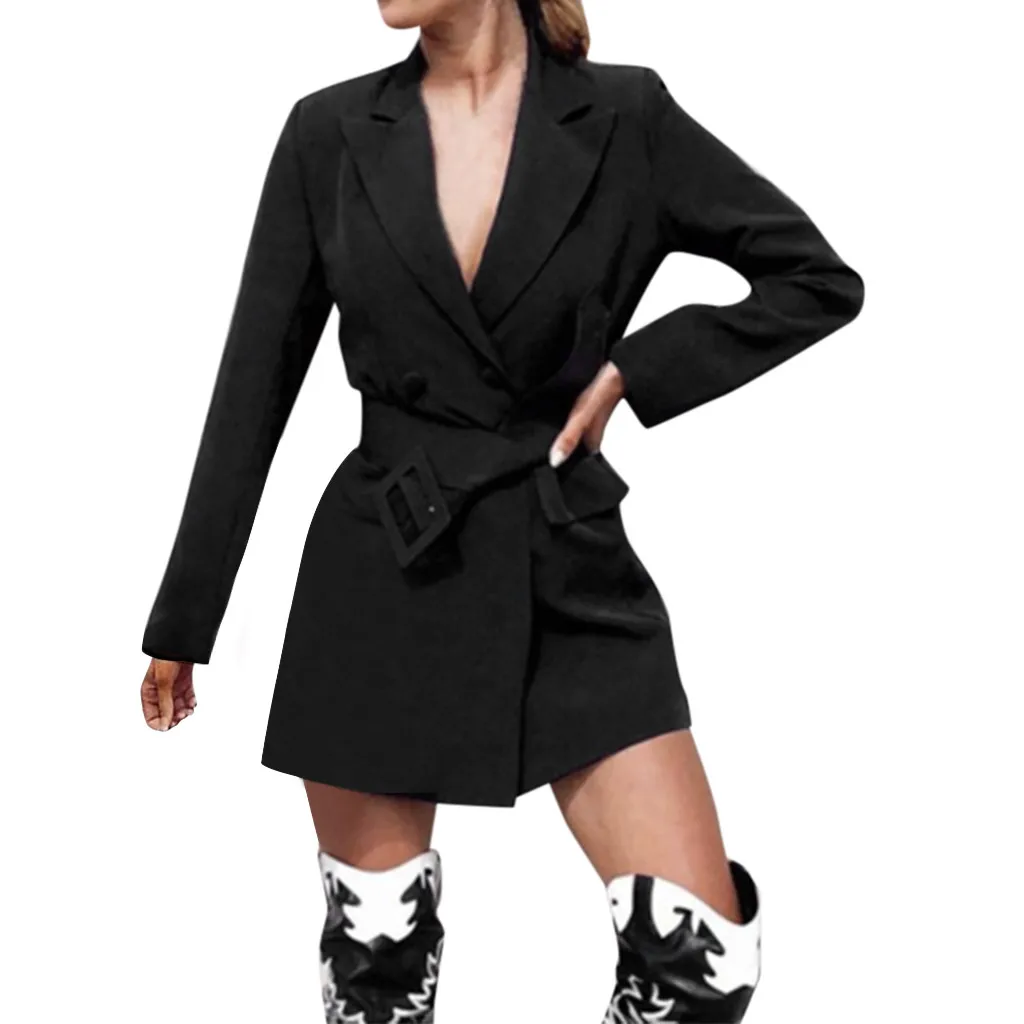 Женская куртка, осенний зимний костюм, блейзер для женщин,, двубортный, с карманами, Женская офисная одежда, куртки, элегантный Блейзер, верхняя одежда - Цвет: Черный