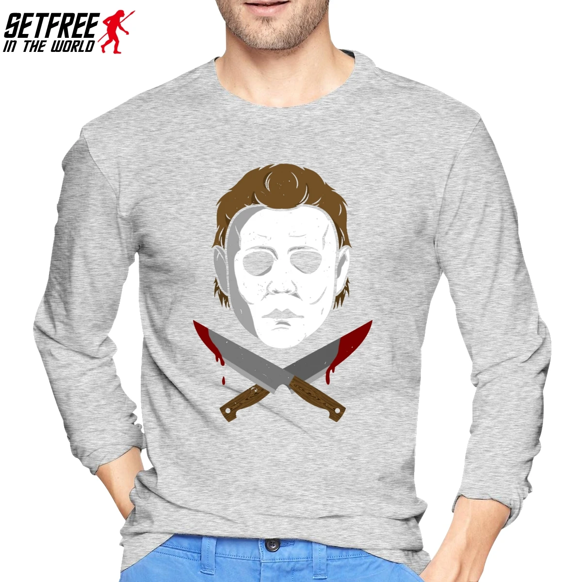 Jolly Myers Slasher фильм ужасов футболка с круглым вырезом хлопок с длинным рукавом мужская рубашка - Цвет: Серый