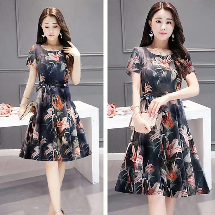 

2020 New Style Fashion Summer WOMEN'S Dress Elegant Pleated Printed Skirt Loose And Plus-sized Mid-length Dress Fashion