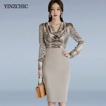 

Fashion Woman Spring Slim 2pcs Suits Snakeskin Blouse + Pencil Skirt Set Suits for Office Lady Elegant Party Suits Woman