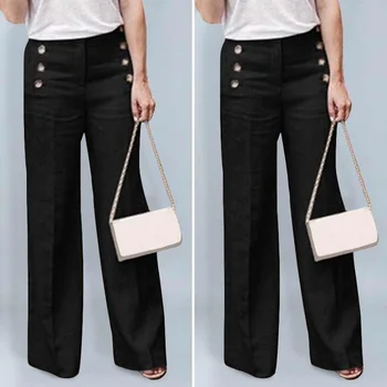 

Office Ladies Wide Leg Pants VONDA Fashion Pants 2020 Spring Autumn Women Casual Buttons Zipper Trousers Female Bottom Oversized