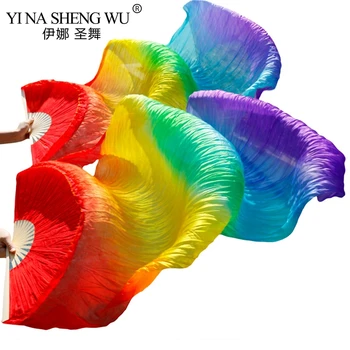 

High Quality Real Silk/Imitation Silkl Fabric Dance Fans 1 Pair Left+Right hand Handmade Dyed Silk Belly Dancing Fans 180x90cm