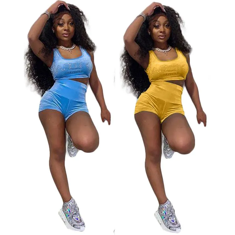 

Square Neck Sleeveless Top Shorts Casual Set Two Piece Suit Square Collar Women Sexy Tracksuit Velvet Outfits