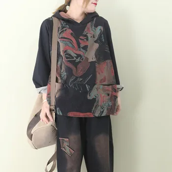 

Fashion New Pattern Printed Outfit Ladies Vintage 2 Piece Suit Black Women Hooded Tops And Harem Pants Plus Size SA744S50