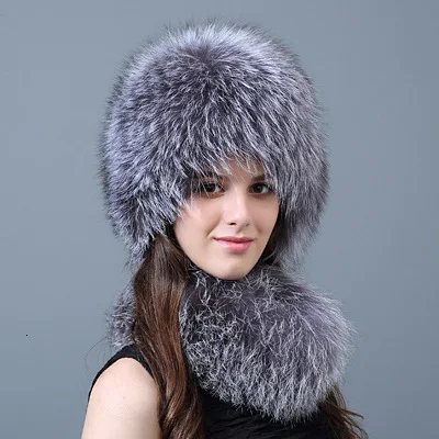 Silver Fox НОВАЯ шапка из лисьего меха женский нагрудник дамские осенне-зимние шапки для настоящей зимне наушники шапка шарф Двухсекционный модный Теплый головной убор шарф Набор Женская шапка - Цвет: Silver Fox