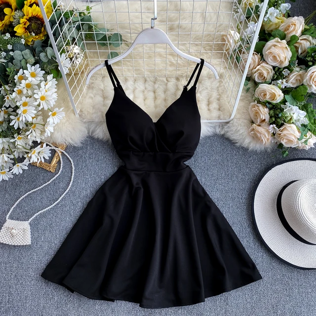 Women A-line Sexy Dress V-Neck Spaghetti Strap Backless Mini Dresses Soild Color Vestidos Slim Trend 2020 High Waist For Party 3