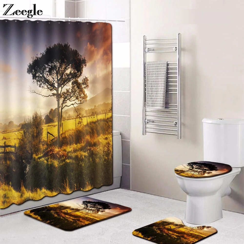 Zeegle Bath Mat Set Bathroom Curtain Toilet Pedestal Rug Foot Mat Toilet Seat Cover Waterproof Shower Curtain 4pcs Bathroom Set