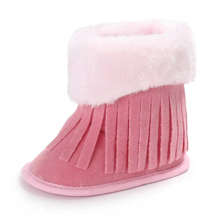 Детская обувь; зимние ботинки; теплые ботинки из искусственной замши с кисточками; От 0 до 2 лет для мальчиков и девочек с мягкой подошвой; обувь для прогулок на снегу - Цвет: Розовый