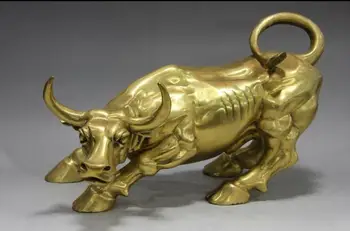 

10” Chinese Folk Brass Copper Feng Shui Lucky Wealth cattle Bull Wild ox Statue