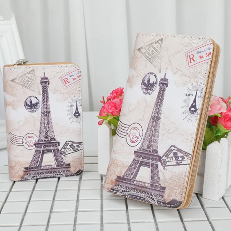 

New Style Women's Eiffel Iron Tower Mid-length Zipper Anime Cartoon Cute Retro Postmark Wallet
