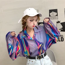 Женская летняя ветровка фиолетовый контрастный галстук краситель принт Защита от Солнца блузка уличная Harajuku Топ Свободная рубашка корейский Винтаж Blusas панк