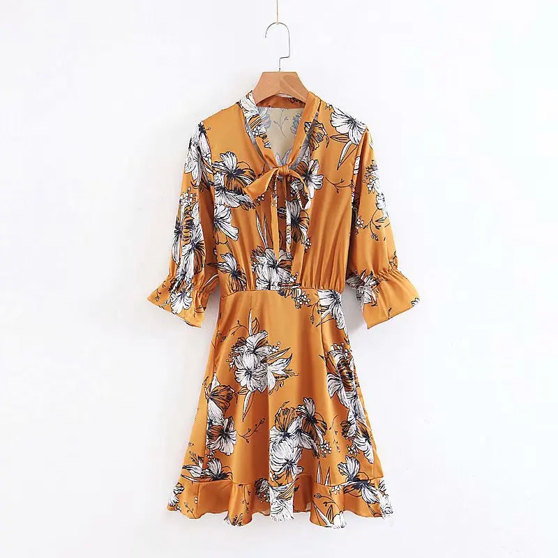 

2018 WOMEN'S Dress Slim Fit Waist Hugging Summer New Style Knotted Elegant Printed Lace-up Bowtie Dress WOMEN'S Dress