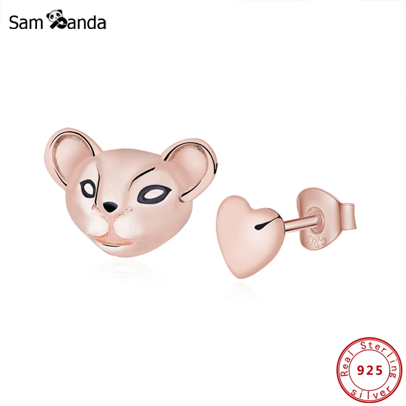 Оригинальные серьги из стерлингового серебра 925 пробы, розовое золото, Лев, принцесса, сердце, серьги-гвоздики для женщин, модная Подарочная бижутерия, серьги