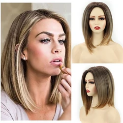 Honey Blonde Short Bob Synthetic Wigs for Women Ombre Brown Straight Hair Middle Part Look Natural Heat Resistant Hair Daily Use
