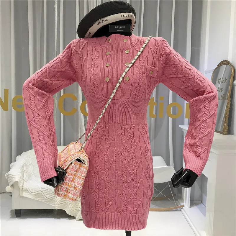 ALPHALMODA зимнее Новое модное двубортное тонкое вязаное платье, женское стрейчевое платье-свитер с длинным рукавом
