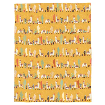 

Luo Ma Yellow Background Stickers Cactus Animals Colorful Coral Fleece Fuzzy Blankets on Bed Throws Bedsheet for Kids Girls