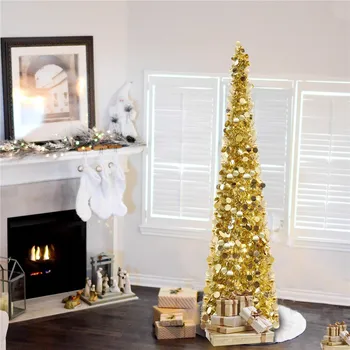 

1.5M Collapsible Artificial Christmas Slim Tree Pop Up Tinsel Sequins Gold Christmas Tree Sequins Christmas Decorations for Home