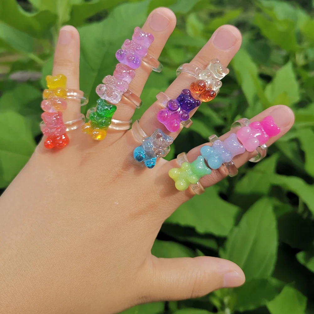 Last Lady Fashion Candy Colors Women's Rings Transparent Resin Cute Bear Creativity Jewelry Party Accessories finger ring,jewelry accessories,badminton t shirt