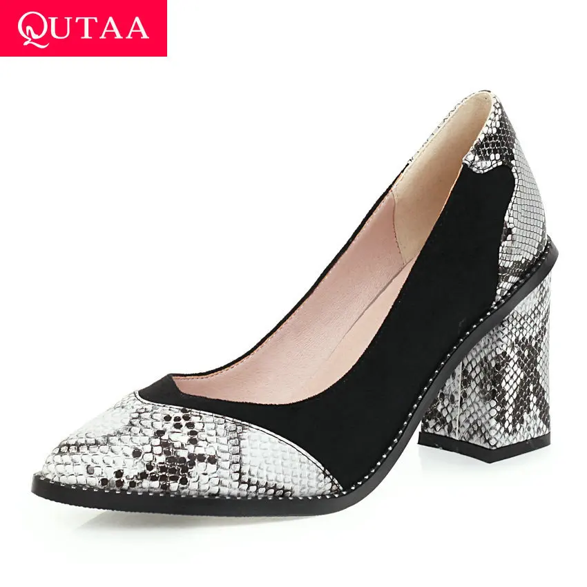 

QUTAA 2020 Mixed Color Snakeskin PU Leather Shallow Single Shoes Pointed Toe Fashion Square High Heel Ladies Pumps Size 34-43
