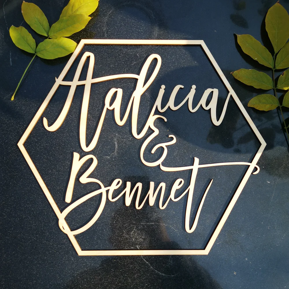 Personalized Wood Bride and Groom Name Unique Custom Hexagon Anniversary Gift Rustic Wedding Party Photo Props Wooden Decoration (4)