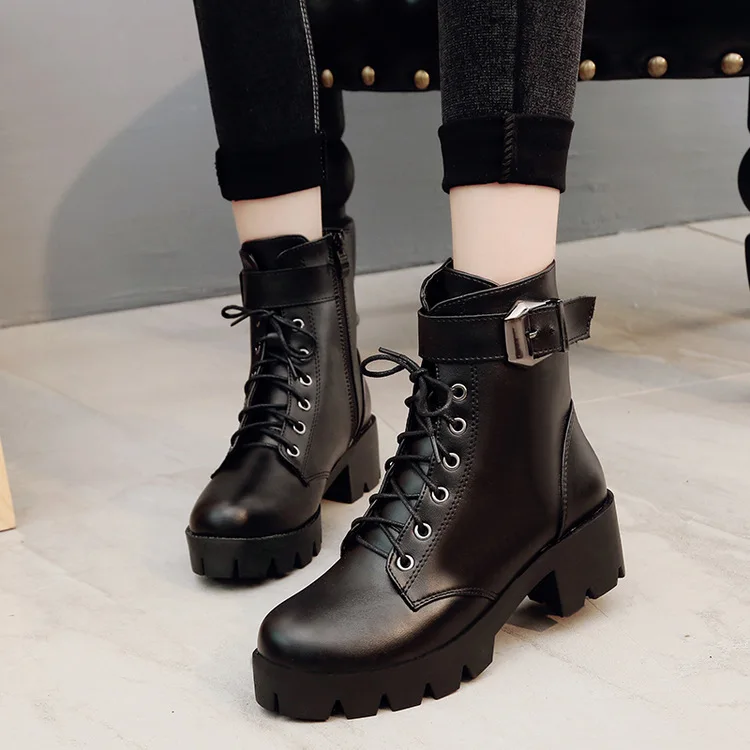 

2019 New Buckle Motorcycle Boots Women British Style Ankle Boots Gothic Punk Low Heel ankle Boot Winter Women Shoe Plus Size 40