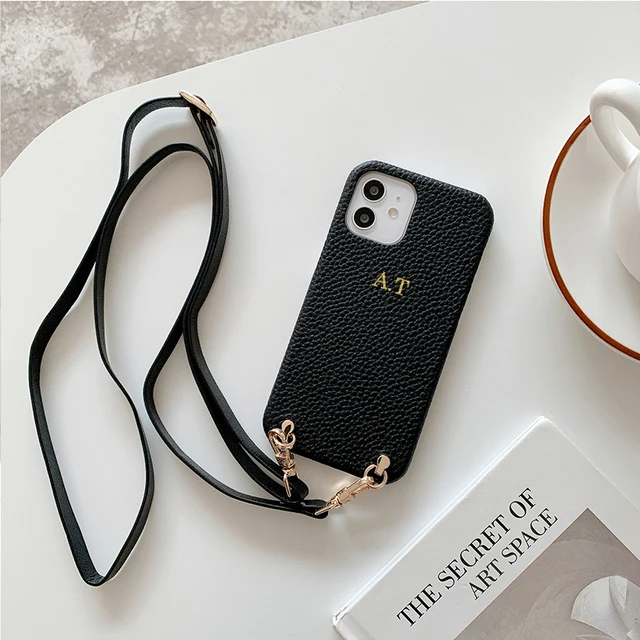 Custom Initial Name Crossbody Strap Cord Luxury Crocodile Leather Phone Case For iphone 11 12 13 Pro Max 7 8 Plus XR X XS Cover Black-1