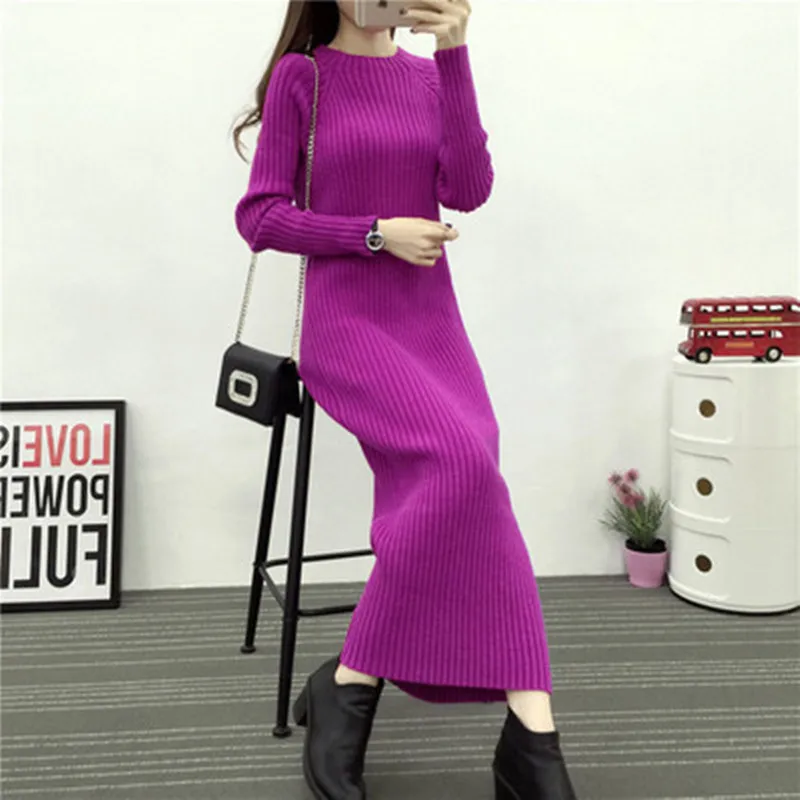 

Sweater Winter Dress Solid Stretch O Neck Long Sleeve Elegant Bodycon Long Robe Sexy Pullover 2019 Autumn Womens Plus Size Dress