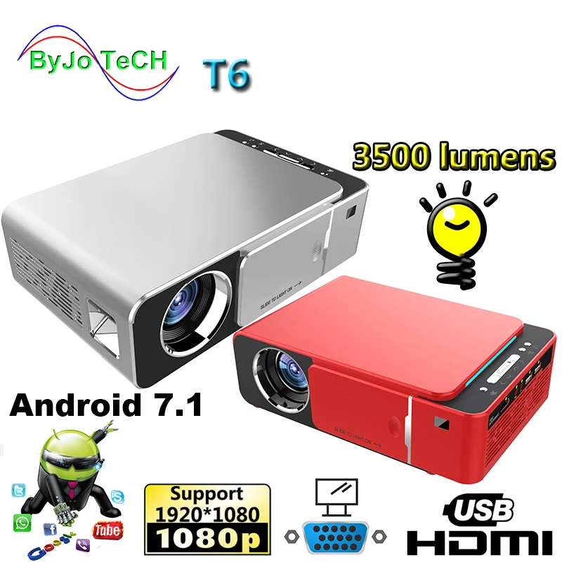 Светодиодный проектор T6 1080P 3500 лм 1280x720 портативный на Android 7 1 опционально USB HDMI VGA AV
