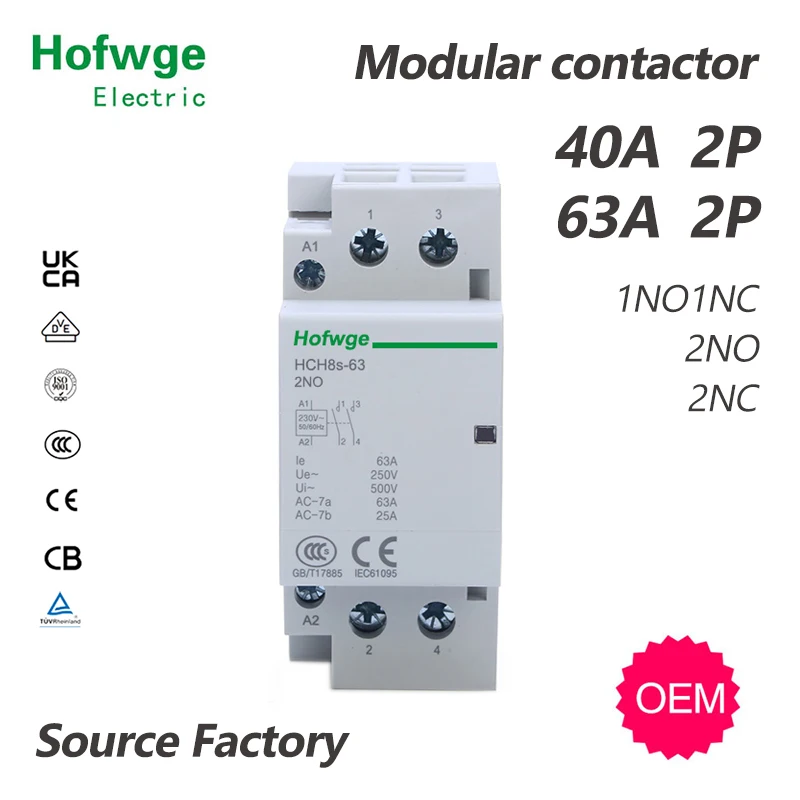 Casa Contator 2p 40a 63a 2no 2nc 1no1nc Dc24v Ac110v Ac220v Automático Contator Din Rail tipo 60 50hz hz Hch8s63 ac