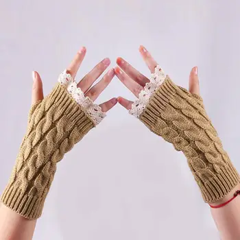 

Winter Women Gloves Fashion Lace Trims Fingerless Gloves Knitted Mitten Wrist Warmer Gloves Solid gants femme guantes invierno