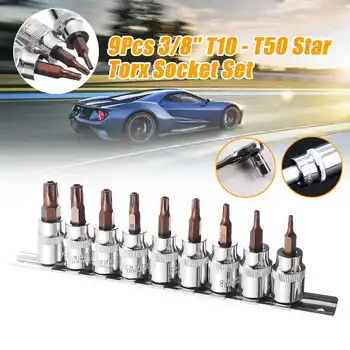 

9 Pcs 3/8 Inch Drive Sockets Set T10-T50 Five Angle Torx Screwdriver Bits Socket Drive Star Bit Socket Kit Hand Tools Sockets