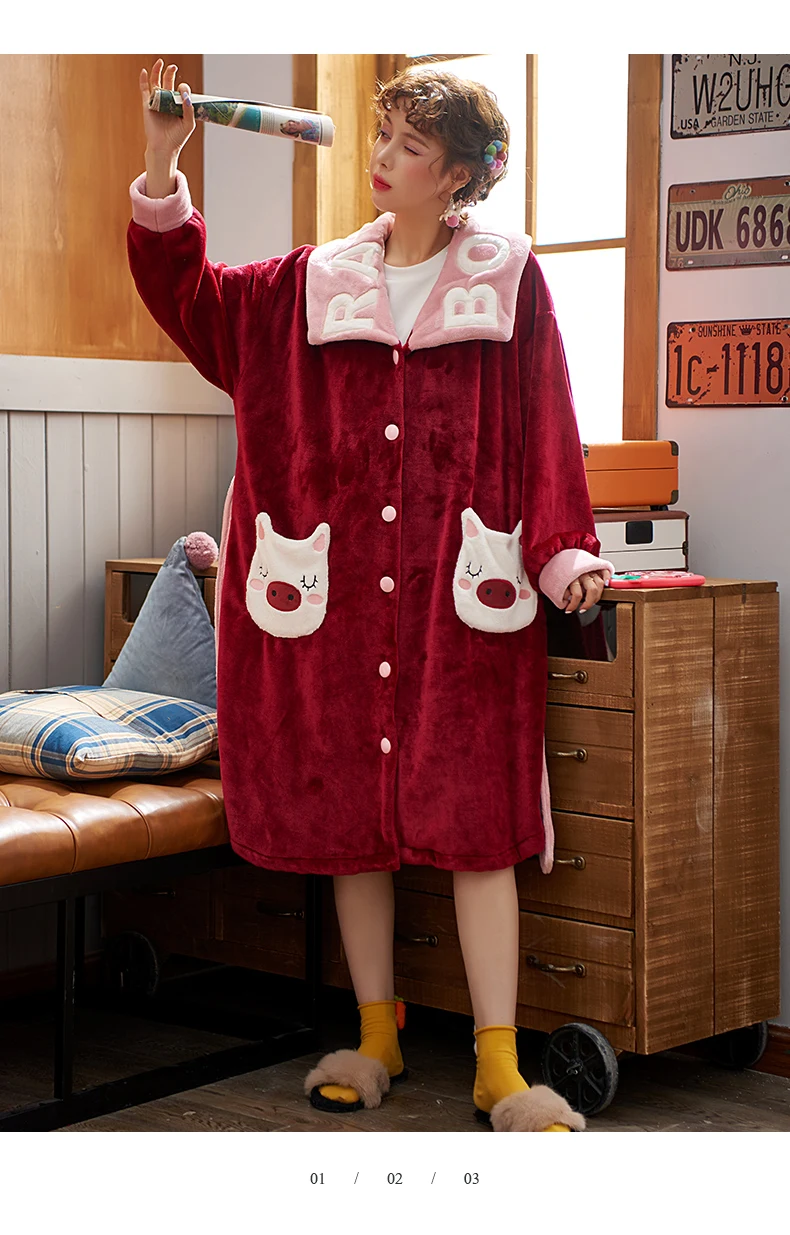 Женский халат фланель плюс размер Рождество красный Kawaii свинья вышитые шикарные лацканы Тедди халат поясом ночной халат свободный размер кимоно