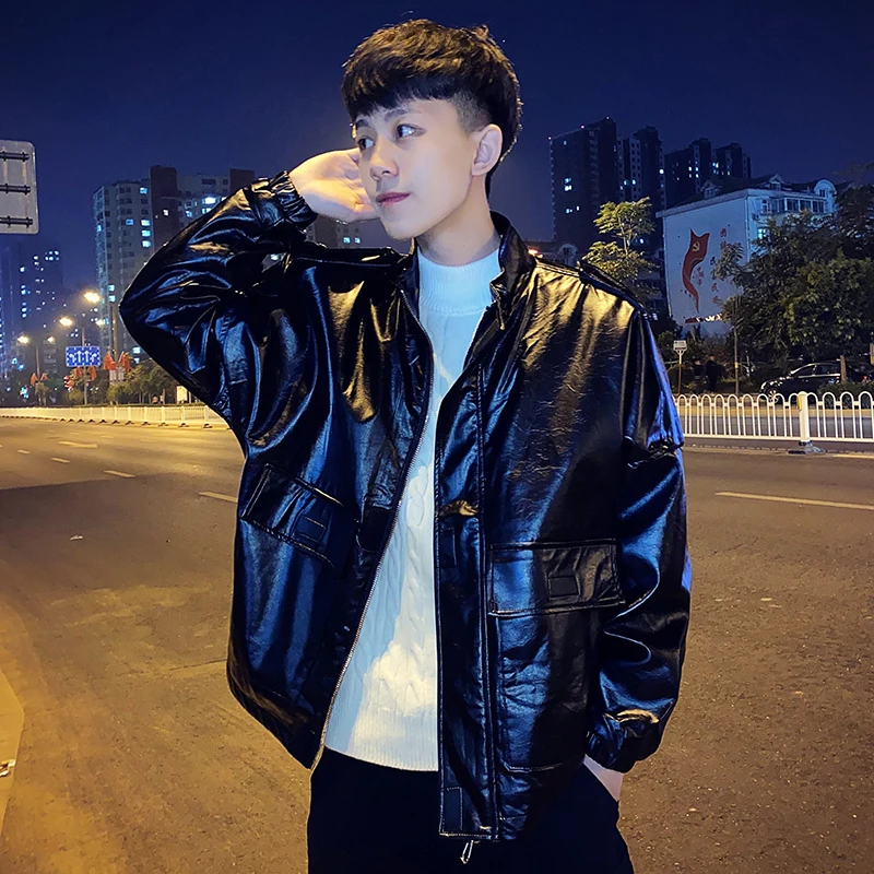 

Black Loose Light-reflecting Leather Jackets Mens Windbreaker Bomber Male Stylish Fashion 2022 Winter Young Trendy Coats Patent