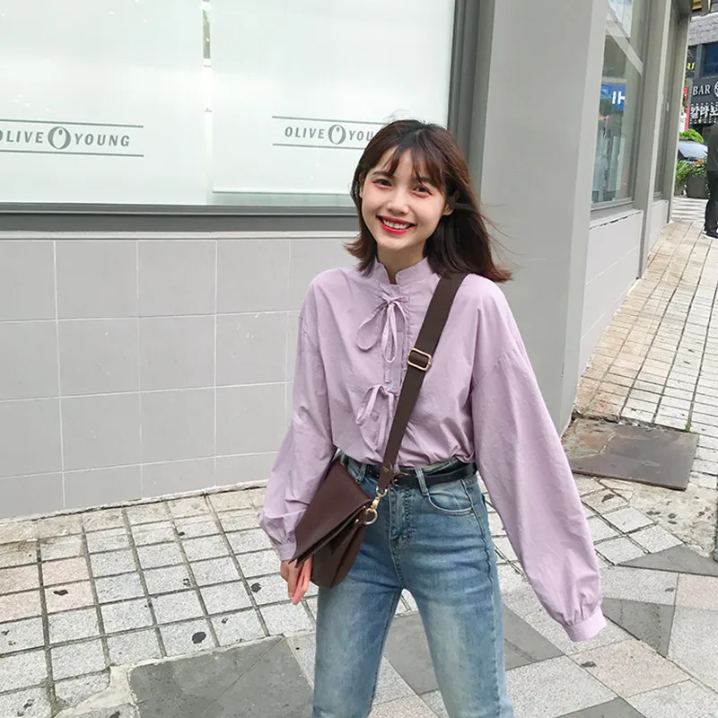 

2 colors 2019 autumn preppy style solid color lace up shirt women long sleeve blouses womens tops (F3786)