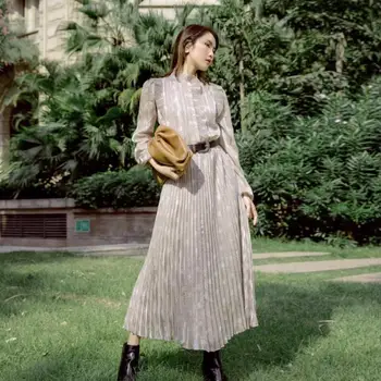 

2020 New Women's Pleated Midi Dress Vintage Ladies Long Sleeve Office Wear Print Casual Long Dresses Female Clothes Holiday