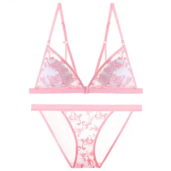 

Lace front button small chest gathered embroidery triangle Cup underwear without steel support bra