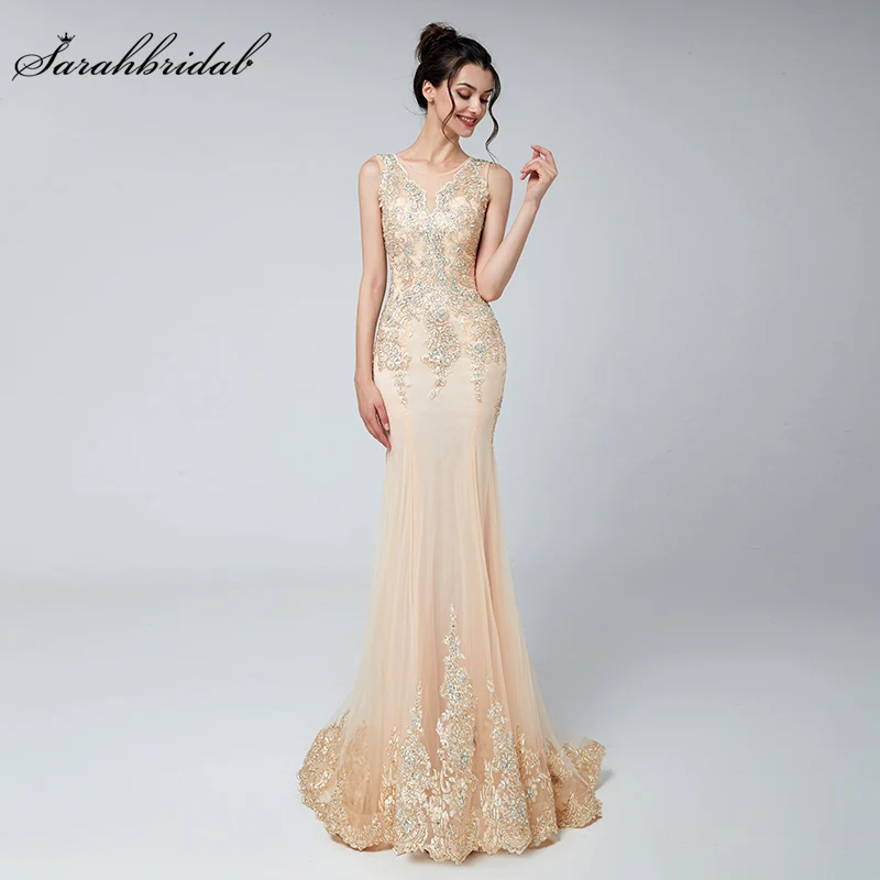 Luxury Mermaid Evening Dresses Long O Neck Lace Applique Embroidered Sleeveless Tulle Crystal Party Gowns Robe De Soiree LX526